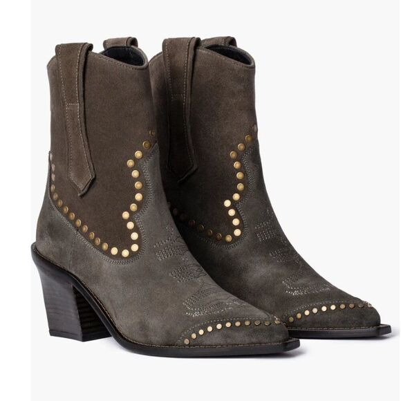 ZADIG & VOLTAIRE Womens 40 Cara Studded Western Boot Khaki Suede Leather Boots - Picture 1 of 16